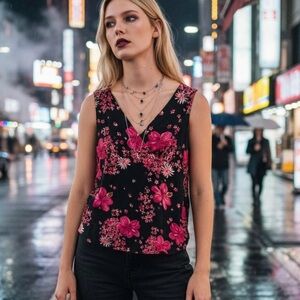 Women's XL Black Pink Floral Whimsy Goth Fantasy Fairy Sleeveless Casual Blouse